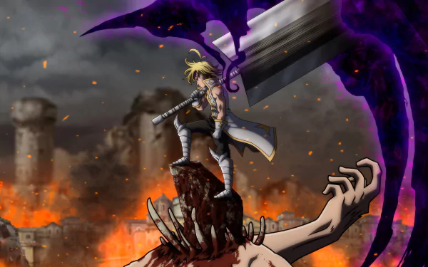HD desktop wallpaper featuring Meliodas from The Seven Deadly Sins, standing on a defeated Demon King amidst a fiery background, wielding a large sword with dark energy.