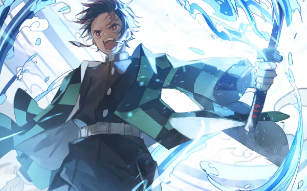 HD wallpaper of Tanjiro Kamado from Demon Slayer: Kimetsu no Yaiba, wielding his sword with dynamic water effects in the background.
