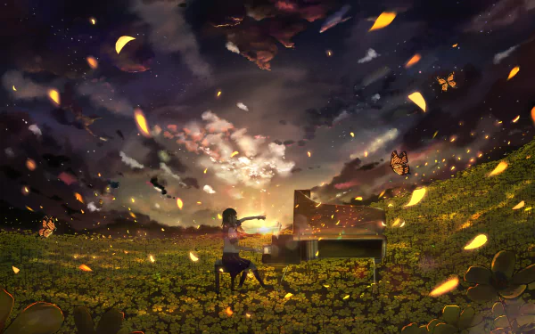 An anime schoolgirl in a school uniform plays a piano amidst a field of flowers and butterflies at sunset, capturing the evening's beauty in an HD desktop wallpaper.