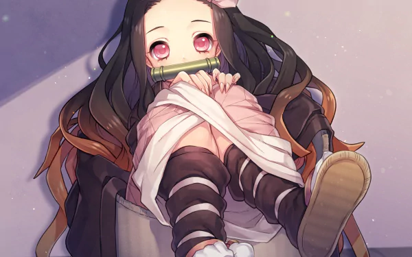 HD desktop wallpaper featuring Nezuko Kamado from Demon Slayer: Kimetsu no Yaiba, with pink eyes and long black hair, sitting with a bamboo muzzle on.
