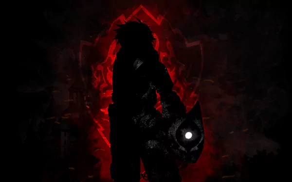 HD desktop wallpaper of Naofumi Iwatani from The Rising of the Shield Hero, silhouetted against a fiery red emblem background.
