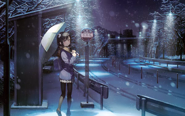 Anime girl with short brown hair, holding an umbrella at a bus stop during a snowy night, with a bridge and road in the background.