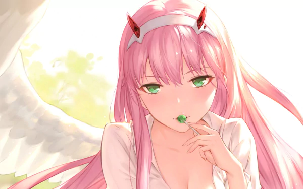 HD wallpaper of Zero Two from Darling in the FranXX. She has pink hair, green eyes, and small horns, with white wings in the background.