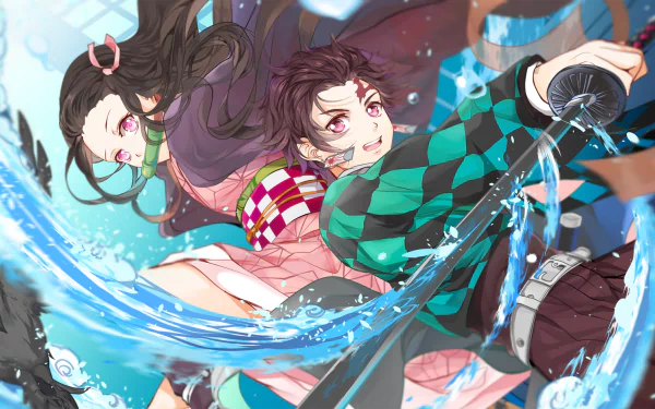 HD desktop wallpaper of Tanjiro Kamado and Nezuko Kamado from Demon Slayer: Kimetsu no Yaiba. Tanjiro wields a katana with blue water effects, while Nezuko has long brown hair and pink eyes.