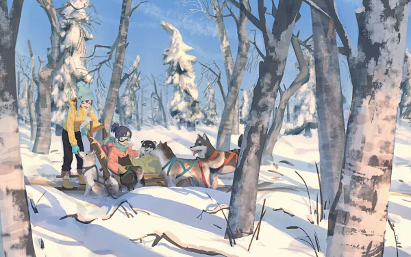 HD wallpaper featuring an anime scene of people and dogs in a snowy forest, capturing the essence of winter.