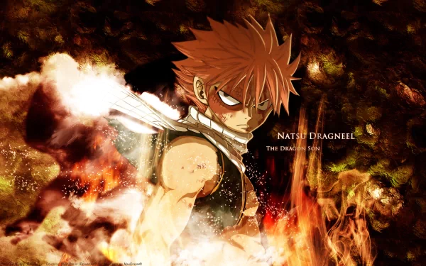 HD desktop wallpaper featuring Natsu Dragneel, the fiery warrior from the anime Fairy Tail, surrounded by intense flames.