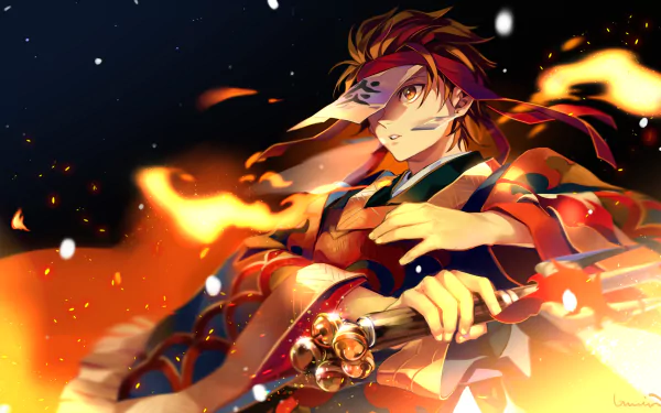 HD desktop wallpaper of Tanjiro Kamado from Demon Slayer: Kimetsu no Yaiba, performing the Hinokami Kagura technique. The image features vibrant colors and intense flames.
