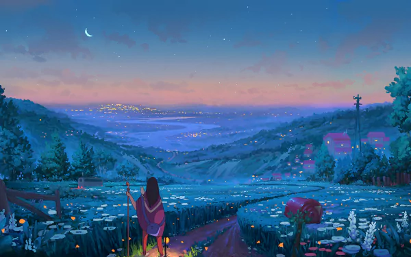 A picturesque anime landscape showcasing a serene village nestled in a valley with a winding river, surrounded by mountains at sunset. The HD wallpaper features vibrant scenery with a tranquil, twilight sky.