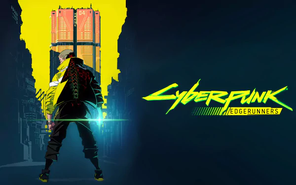 Anime-style Cyberpunk: Edgerunners 4K Ultra HD desktop wallpaper featuring a futuristic cityscape with a character in a glowing jacket against a vibrant yellow and dark blue background.