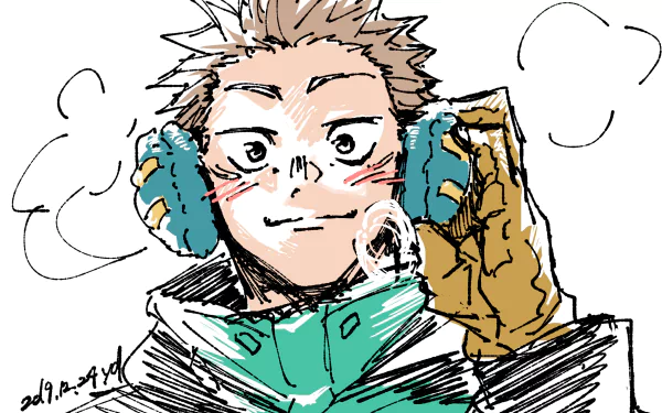 HD anime-style desktop wallpaper of Yuji Itadori from Jujutsu Kaisen, featuring a sketch-like portrait with earmuffs and a confident smile.