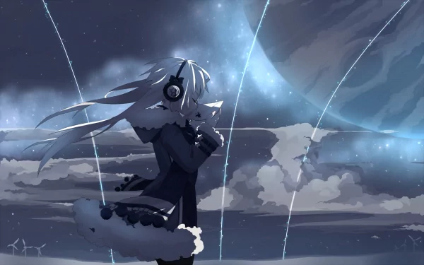 HD wallpaper of an anime character with long hair wearing headphones, standing against a cosmic background with a planet and stars. The character is dressed warmly, with light illuminating the scene.
