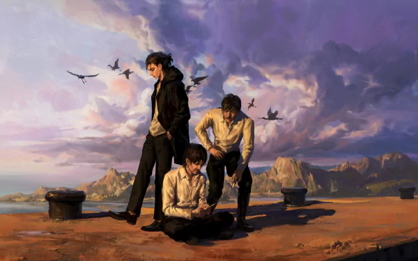HD desktop wallpaper featuring Eren Yeager from Attack on Titan, set against a dramatic sky with mountains in the background and birds flying overhead.