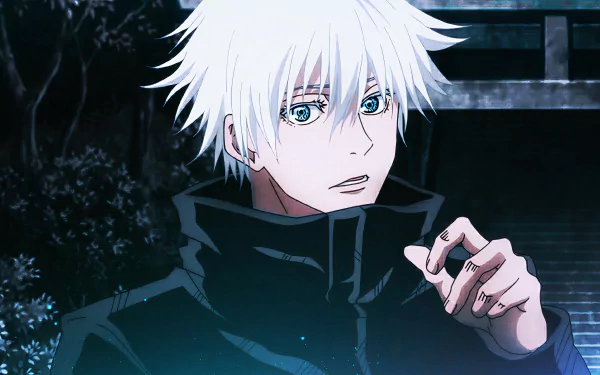 A striking 4K Ultra HD wallpaper featuring Satoru Gojo from the anime Jujutsu Kaisen, showcasing his iconic white hair and captivating blue eyes against a dark background.