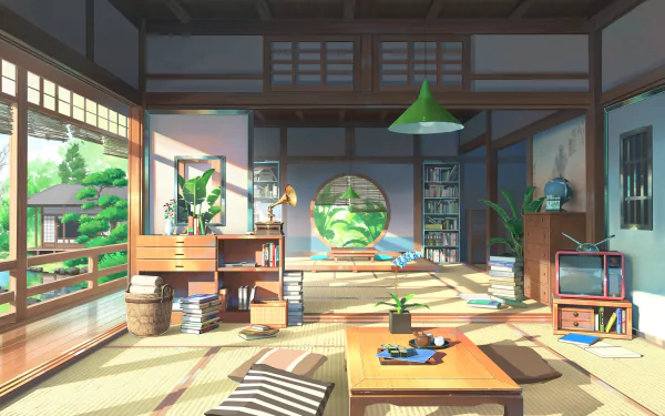 Anime-style room bathed in sunlight with traditional Japanese elements, vibrant greenery outside, and detailed 4K Ultra HD PC desktop wallpaper ambiance.