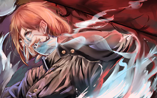 HD desktop wallpaper of Nobara Kugisaki from Jujutsu Kaisen, featuring her in a school uniform with brown hair and brown eyes. The colorful and dynamic anime artwork captures her in an intense scene.