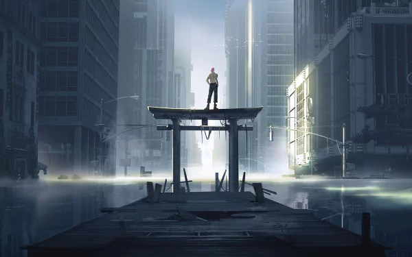 A striking HD wallpaper featuring Sukuna from Jujutsu Kaisen, standing atop a structure amidst a futuristic, fog-filled cityscape.