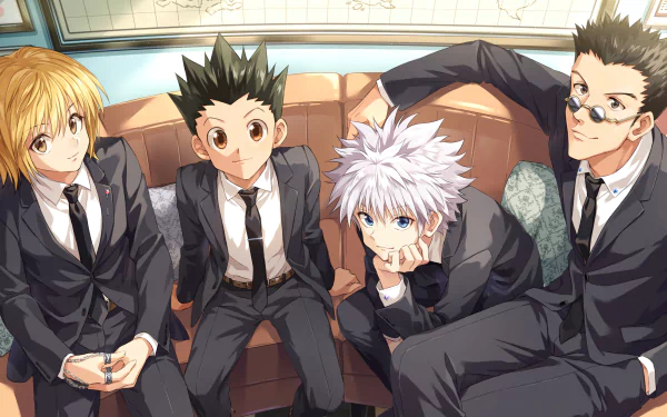 HD desktop wallpaper featuring Killua Zoldyck, Gon Freecss, Kurapika, and Leorio Paradinight from the anime Hunter x Hunter, dressed in suits and sitting together on a couch.