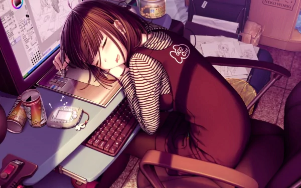 Anime girl with brown hair sleeping on a computer desk, surrounded by art supplies and a monitor. The image is a high-definition desktop wallpaper and background.