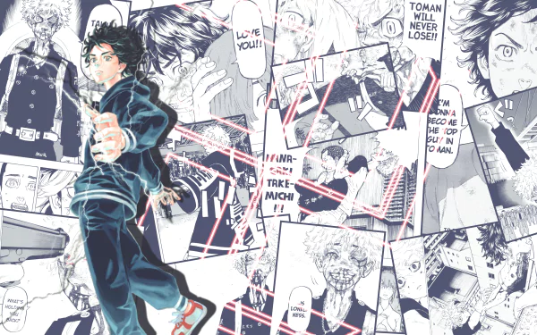 4K Ultra HD anime wallpaper featuring Takemichi Hanagaki from Tokyo Revengers, set against a dynamic black-and-white manga panel collage background.