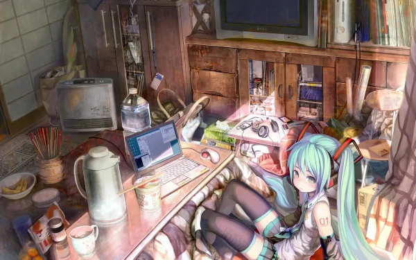 HD desktop wallpaper of Hatsune Miku, the iconic Vocaloid character, rendered in an anime style. The scene depicts Miku in a cozy, cluttered room, sitting beside a desk with a laptop and various personal items.