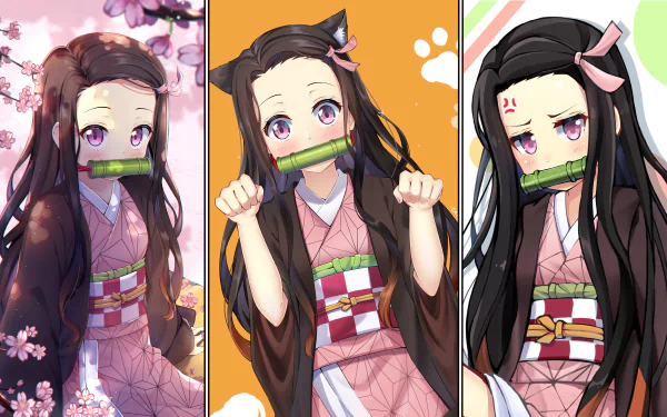 HD PC desktop wallpaper featuring three vibrant anime-style illustrations of Nezuko Kamado from Demon Slayer: Kimetsu no Yaiba in different poses and backgrounds.