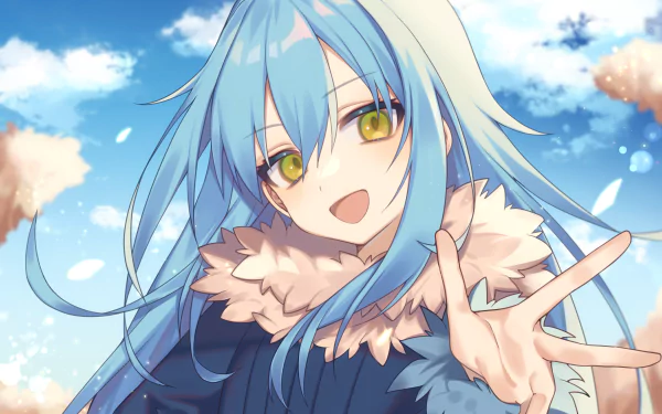 Rimuru Tempest from That Time I Got Reincarnated as a Slime smiles and reaches forward against a bright blue sky in this 4K Ultra HD anime desktop wallpaper.