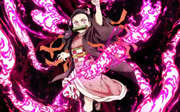 HD desktop wallpaper featuring Nezuko Kamado from the anime Demon Slayer: Kimetsu no Yaiba, surrounded by vibrant pink flames.