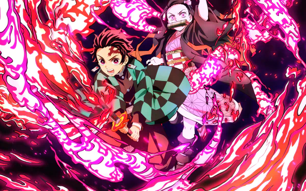 4K Ultra HD anime desktop wallpaper featuring Nezuko Kamado and Tanjiro Kamado from Demon Slayer: Kimetsu no Yaiba in dynamic, fiery action poses.