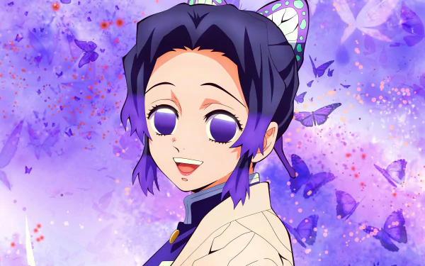 Shinobu Kocho from Demon Slayer: Kimetsu no Yaiba depicted in vibrant purple hues with butterfly motifs, 4K Ultra HD anime desktop wallpaper background.
