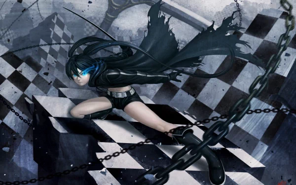 HD desktop wallpaper featuring Mato Kuroi from Black Rock Shooter with twintails, crouching on a chessboard pattern background with chains. The scene has a dark and intense atmosphere.