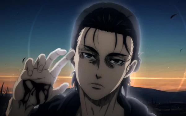 HD PC desktop wallpaper featuring Eren Yeager from the anime Attack on Titan, depicted with a somber expression against a sunset backdrop.