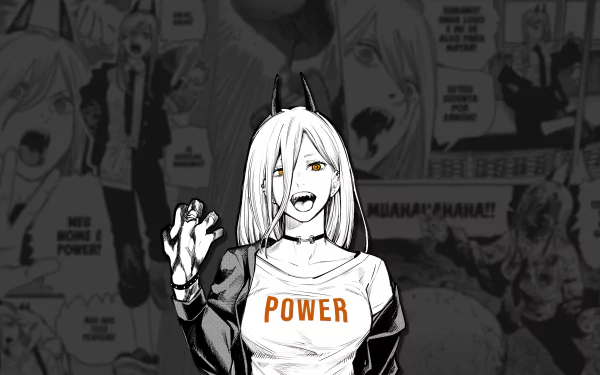 4K Ultra HD anime wallpaper featuring Power from Chainsaw Man, showcasing her confident pose and sharp smile against a manga panel background.