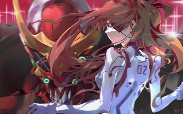 Asuka Langley Sohryu from Neon Genesis Evangelion posed dynamically with long flowing hair against a vibrant red background in a 4K Ultra HD anime desktop wallpaper.