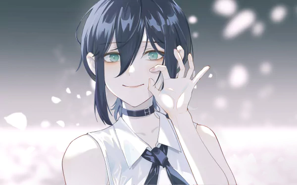 HD PC desktop wallpaper featuring Reze from the anime Chainsaw Man, depicted with dark hair, green eyes, and a white outfit against a soft, glowing background.