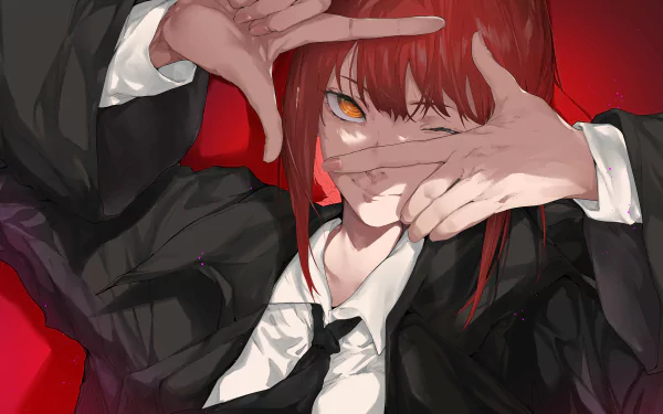 Makima (Chainsaw Man) anime 4K Ultra HD PC desktop wallpaper/background: red-haired woman in a black suit framing her face with hands against a bold red backdrop.