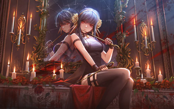 A stunning 4K Ultra HD wallpaper featuring Yor Forger from the anime Spy x Family, capturing her striking pose amidst candles and reflective elements, exuding a mysterious aura.