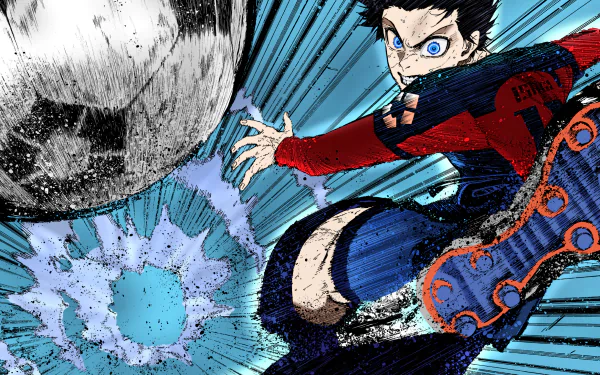 HD PC desktop wallpaper featuring Isagi Yoichi from the anime Blue Lock, dynamically kicking a soccer ball with intense motion and vibrant blue and red colors.