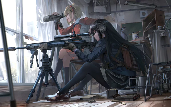 HD desktop wallpaper featuring Chisato Nishikigi and Takina Inoue from the anime Lycoris Recoil, depicted in an intense scene with firearms and a focused atmosphere.