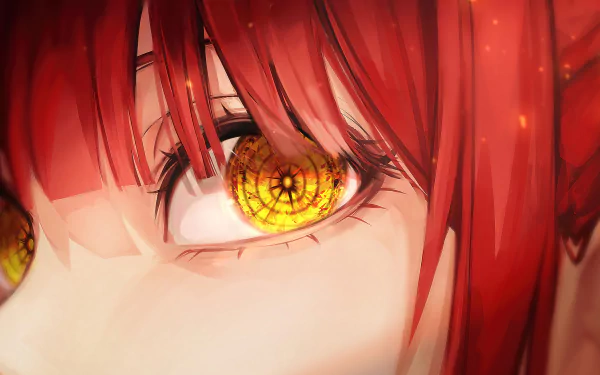 HD desktop wallpaper featuring a close-up of Makima's eyes from the anime Chainsaw Man, highlighting vivid red hair and intricate golden irises.