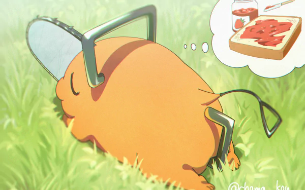 HD PC desktop wallpaper featuring Pochita from the anime Chainsaw Man resting on grass with a thought bubble showing toast and a drink.