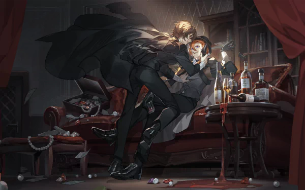 Anime-style 4K Ultra HD wallpaper of Chuya Nakahara and Osamu Dazai from Bungou Stray Dogs in a dramatic, dimly lit room filled with bottles and scattered items.