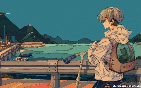 A serene 4K Ultra HD wallpaper featuring Chifuyu Matsuno from *Tokyo Revengers*, gazing over a tranquil bay, surrounded by mountains and vibrant scenery.