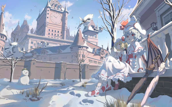 4K Ultra HD anime wallpaper featuring Remilia Scarlet and Flandre Scarlet from Touhou in a snowy town with soft sunlight and detailed architecture.