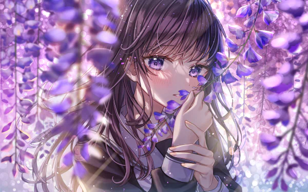A 4K Ultra HD anime girl with long dark hair and vibrant purple eyes surrounded by cascading purple flowers, creating a serene and captivating desktop wallpaper.