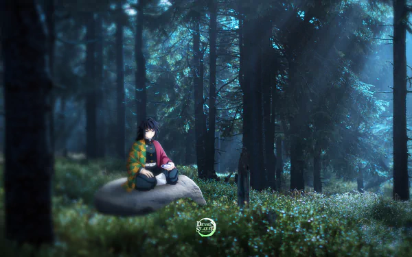 4K Ultra HD anime wallpaper featuring Giyu Shino from Demon Slayer: Kimetsu no Yaiba sitting on a rock in a moonlit forest.