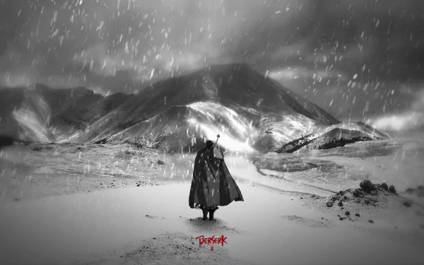 A high-definition desktop wallpaper featuring Guts from the anime Berserk, standing with sword and cape in a snowy, mountainous landscape under a stormy sky. Berserk is written at the bottom in red text.
