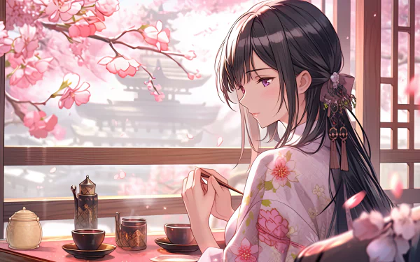 An 8K Ultra HD anime-style illustration of a girl in traditional floral attire, sitting by a window with cherry blossoms in full bloom outside, creating a serene atmosphere.