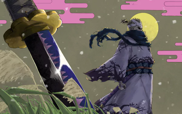 Anime character Ryuma from One Piece stands in front of a large sword with a glowing moon and pink clouds in the background, featured in a HD desktop wallpaper.