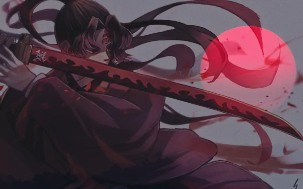 Anime-style 4K Ultra HD wallpaper from Demon Slayer: Kimetsu no Yaiba featuring a character with a katana and a striking red moon in the background.