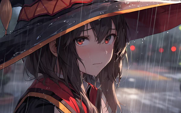 Megumin from KonoSuba stands in the rain under a large umbrella, captured in a detailed 8K Ultra HD anime wallpaper from KonoSuba - God’s blessing on this wonderful world!!.